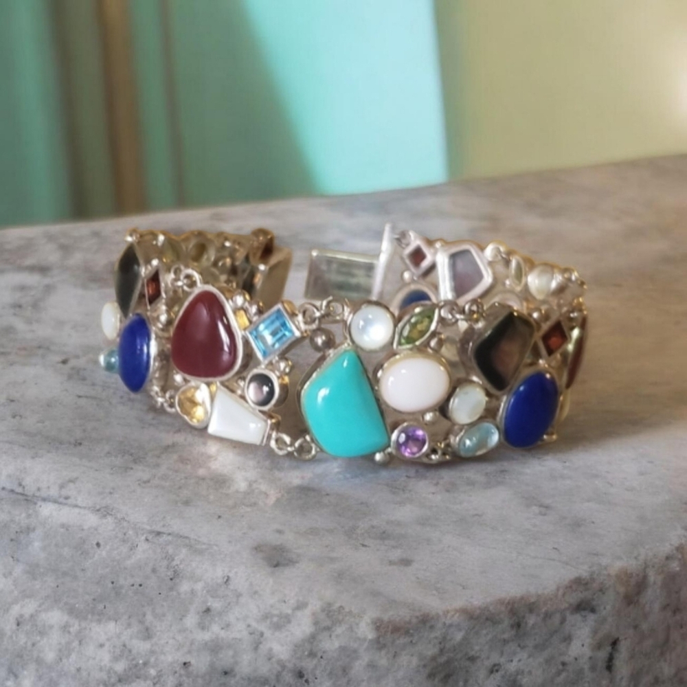 Sterling Silver Multi-Stone Bracelet Carnelian, Topaz, Turquoise, Lapis Stunning - Picture 10 of 10